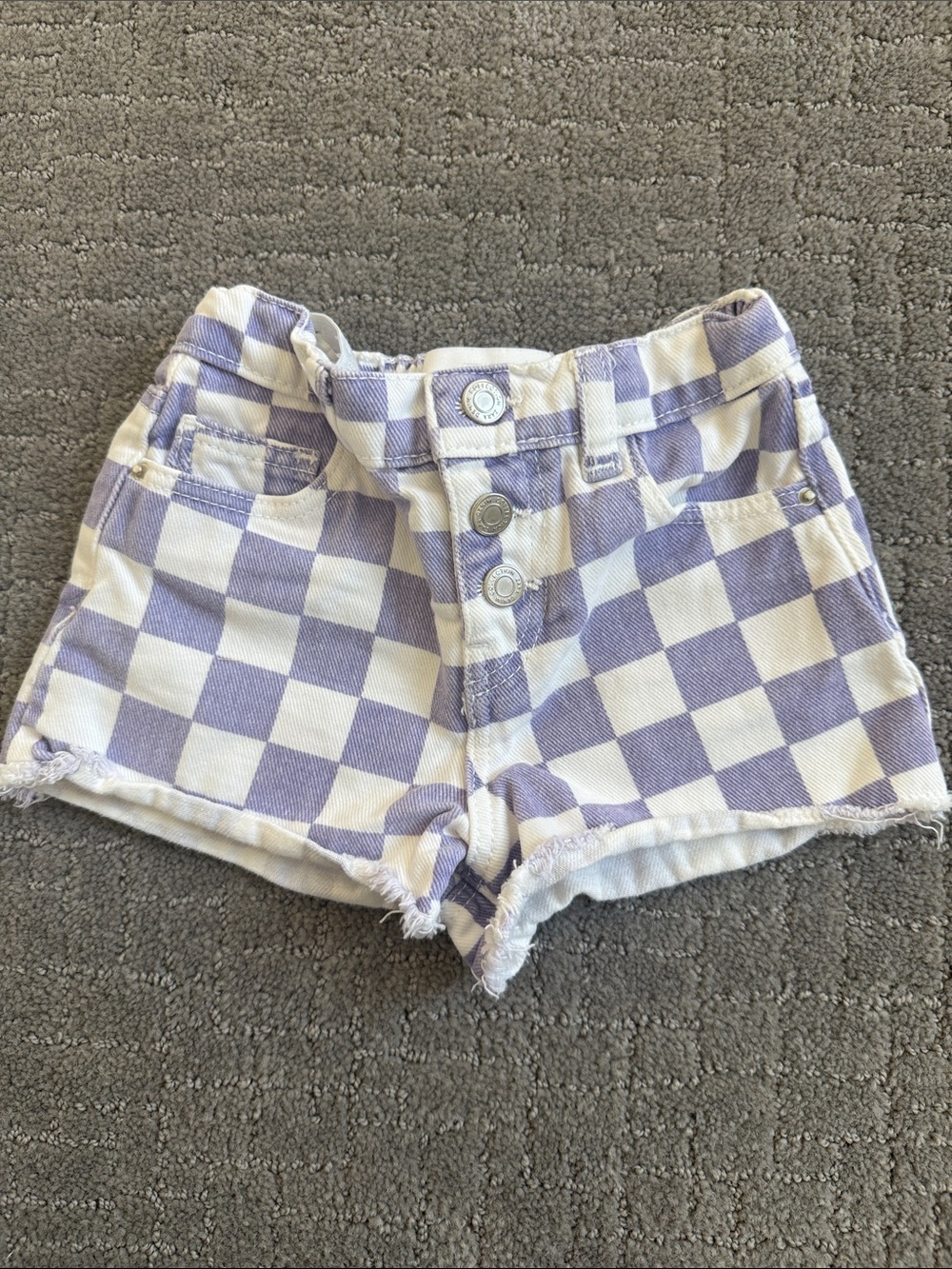 Zara Lavender and White Checkerboard Button-Front Denim Shorts